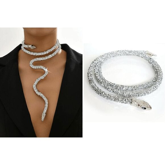 ✨💎🐍 Snake Rhinestone Bendable Design Blingy Statement Open Choker Necklace NEW - Picture 1 of 17